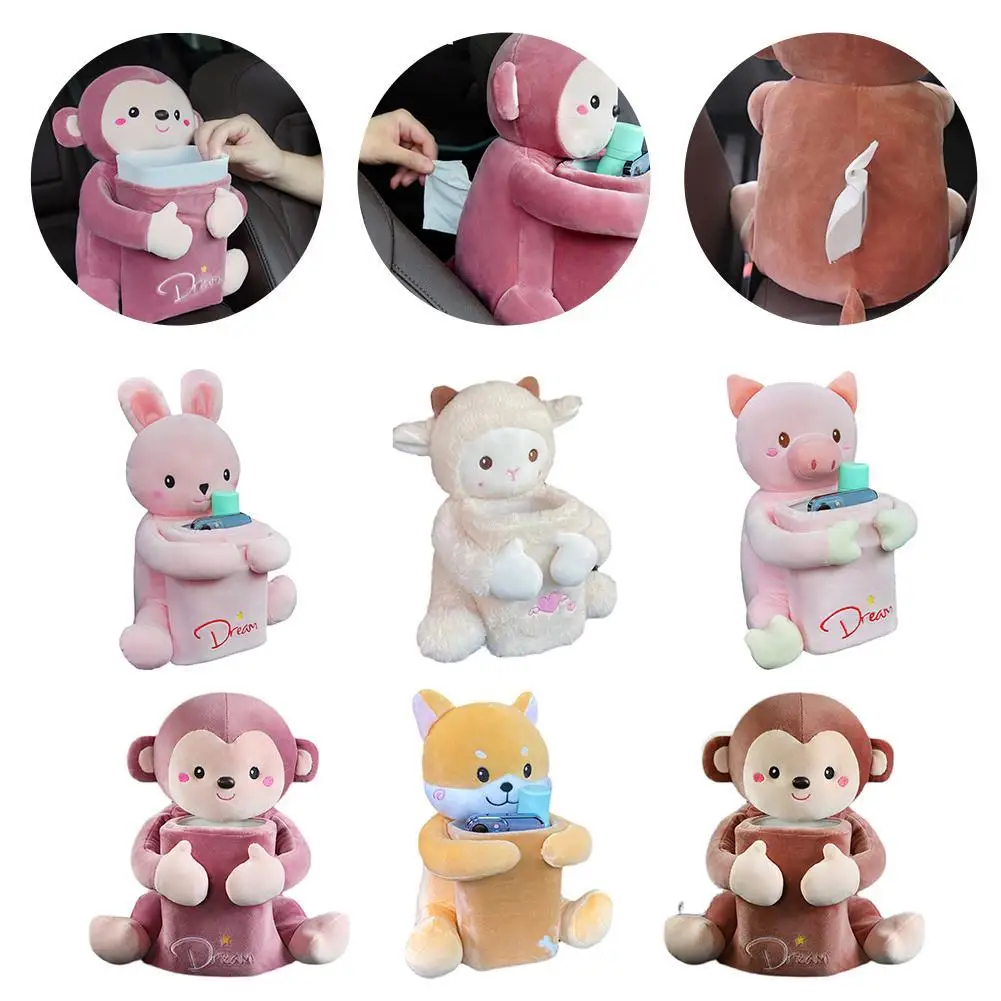 

2 In 1 Cute Cartoon Car Tissue Box Creative Lovely Animal Short Plush Tissue Box Holder For Car Armrest Box Car Seat Tissue G4I3