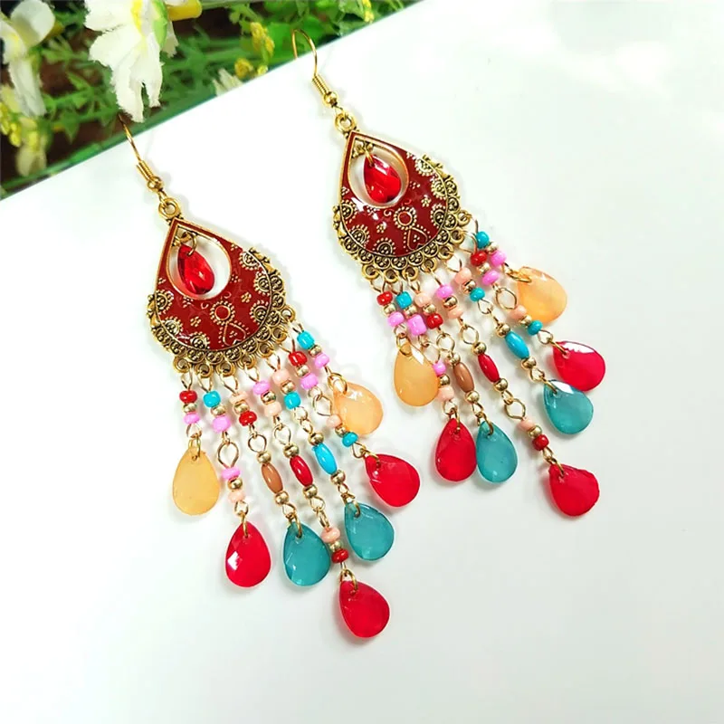 Böhmische lange Acryl-Wassertropfen-Quasten-Ohrringe für Frauen, ethnische mehrfarbige Perlen, Tropfenöl, handgefertigte baumelnde Ohrringe, Boho-Schmuck – Detail 1