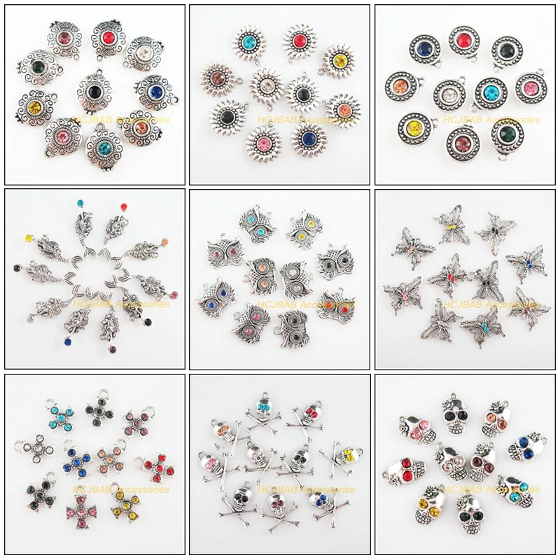 Fashion 10Pcs New Flower Animal Owl Mermaid Butterfly Cross Skull Charms Mixed Crystal Pendants For Gifts Jewelry