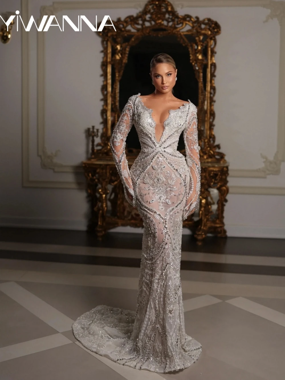 

New Arrival Silver Crystal Mermaid Wedding Dress Luxury Embroidery Long Bridal Gown Customized Illusion Dresses For Bride