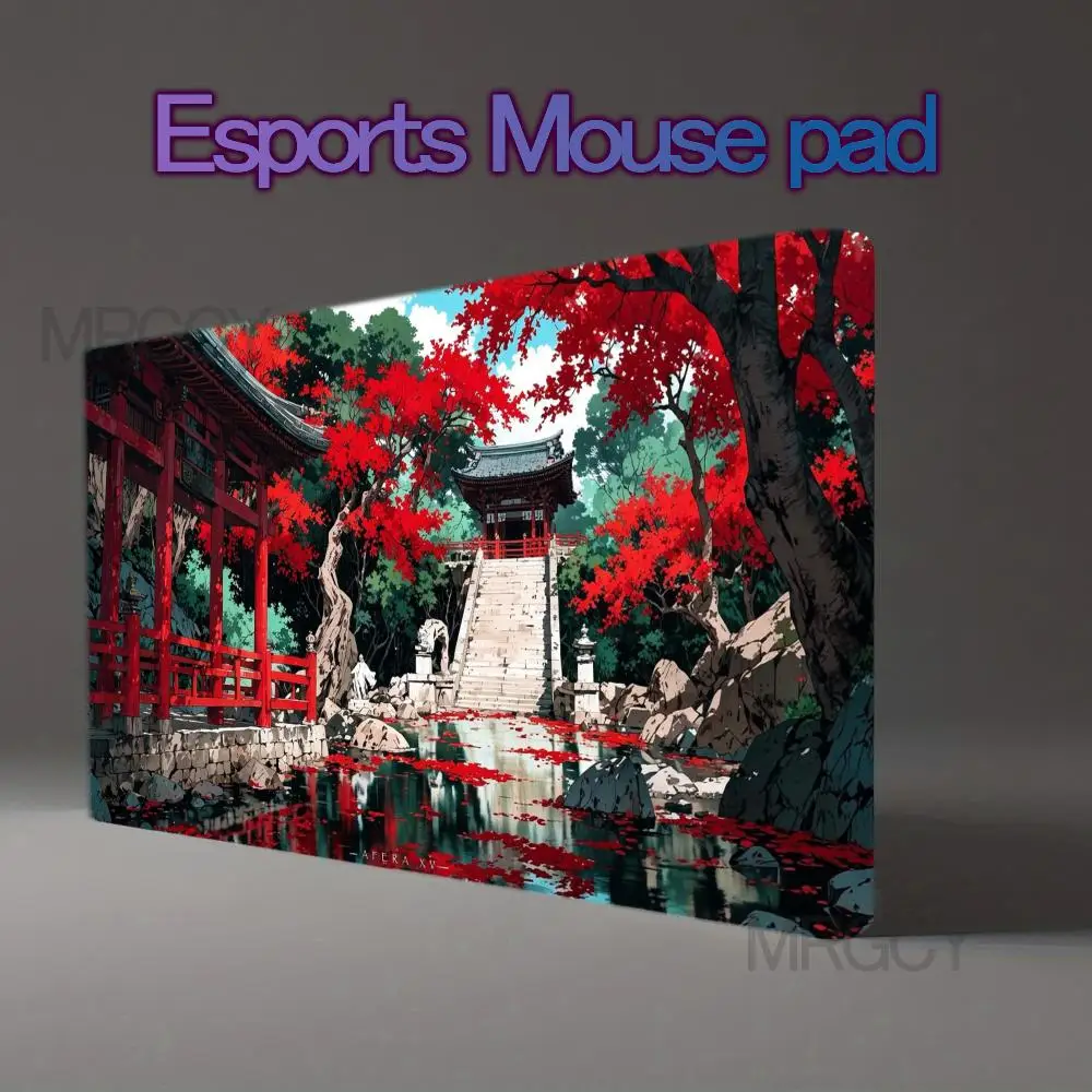 Oriental Aesthetic Japanese Shrine Large Gaming Mouse Pad Vivid Red Maple Tree Pond View Non‑Slip Desk Mat for Office Esports