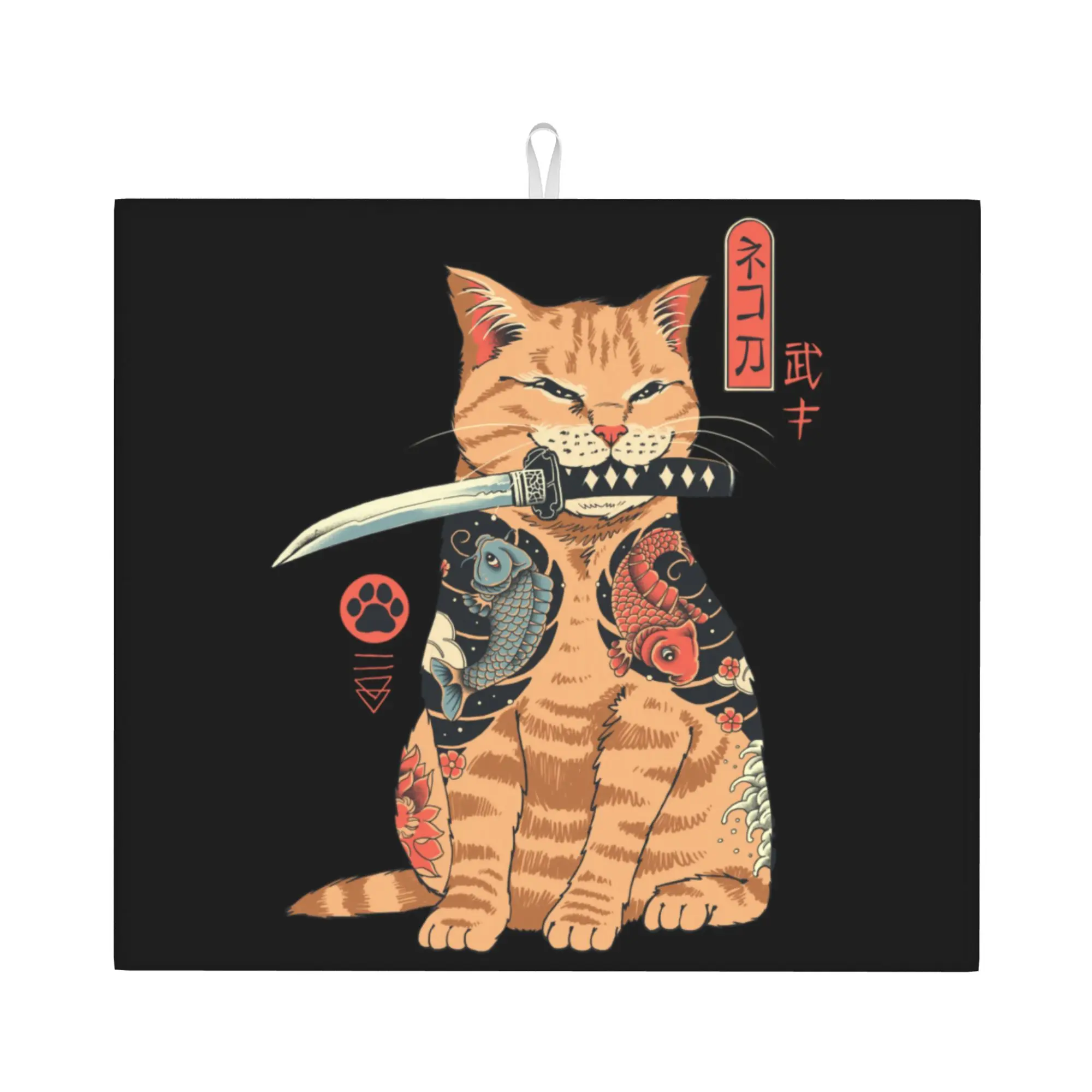 Drying Mat For Kitchen Japanese Samurai Warrior Neko Samurai Water Absorbent Reusable On Slip Kitchen Counter Protector Mat