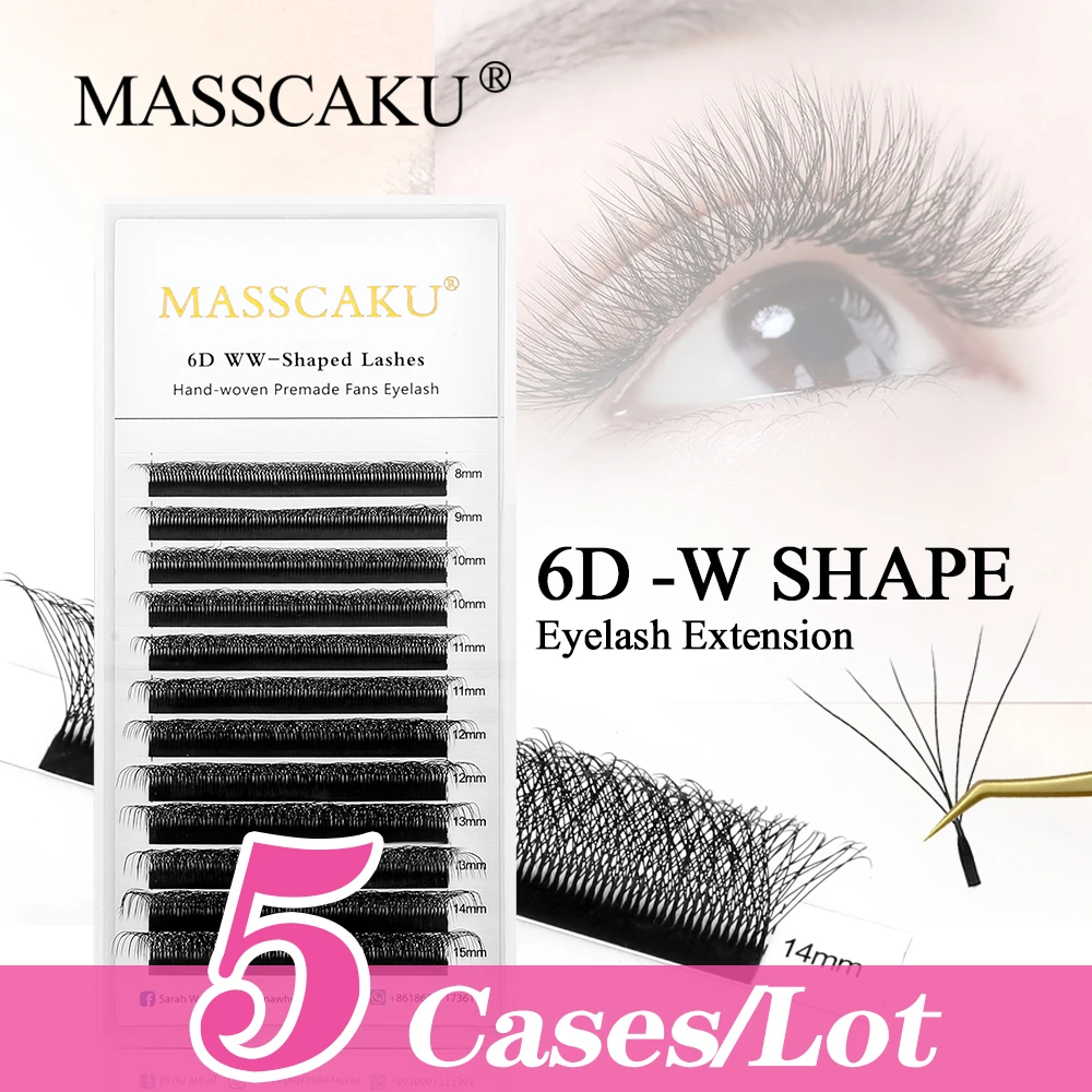 5cases/lot MASSCAKU W Shape Matte Black Eyelashes Extension Two Tip Lashes C/D Curl Natural Makeup Mesh Net Cross False Eyelash