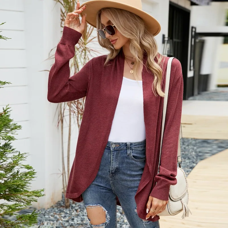 Europe and America Medium Length Sweater Coat Temperament Loose Solid Color Versatile Long Sleeves Knitted Cardigan Fashion