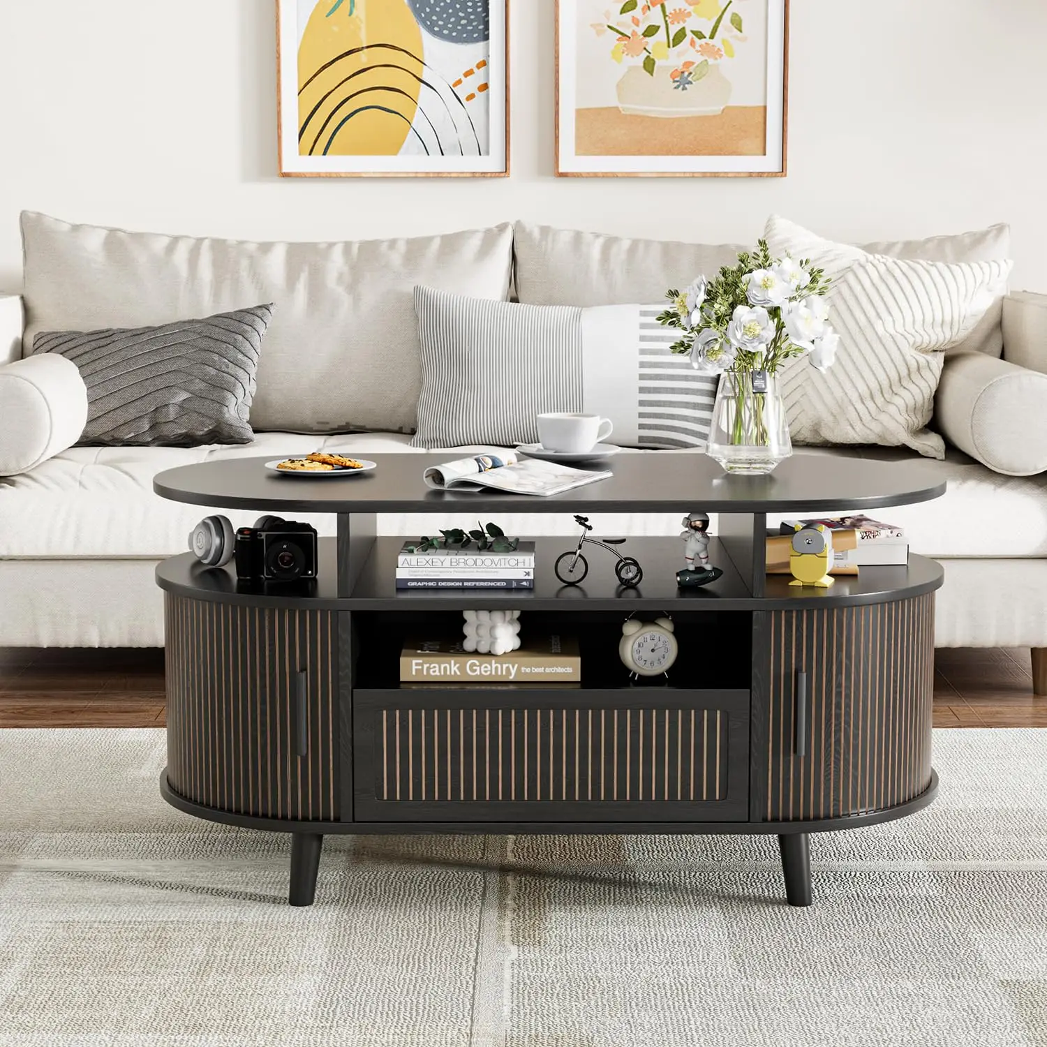 

39" Fluted Coffee Table, Coffee Tables with Storage, Oval Coffee Table for Living Room, Center Table with Tambour Doors, Black C