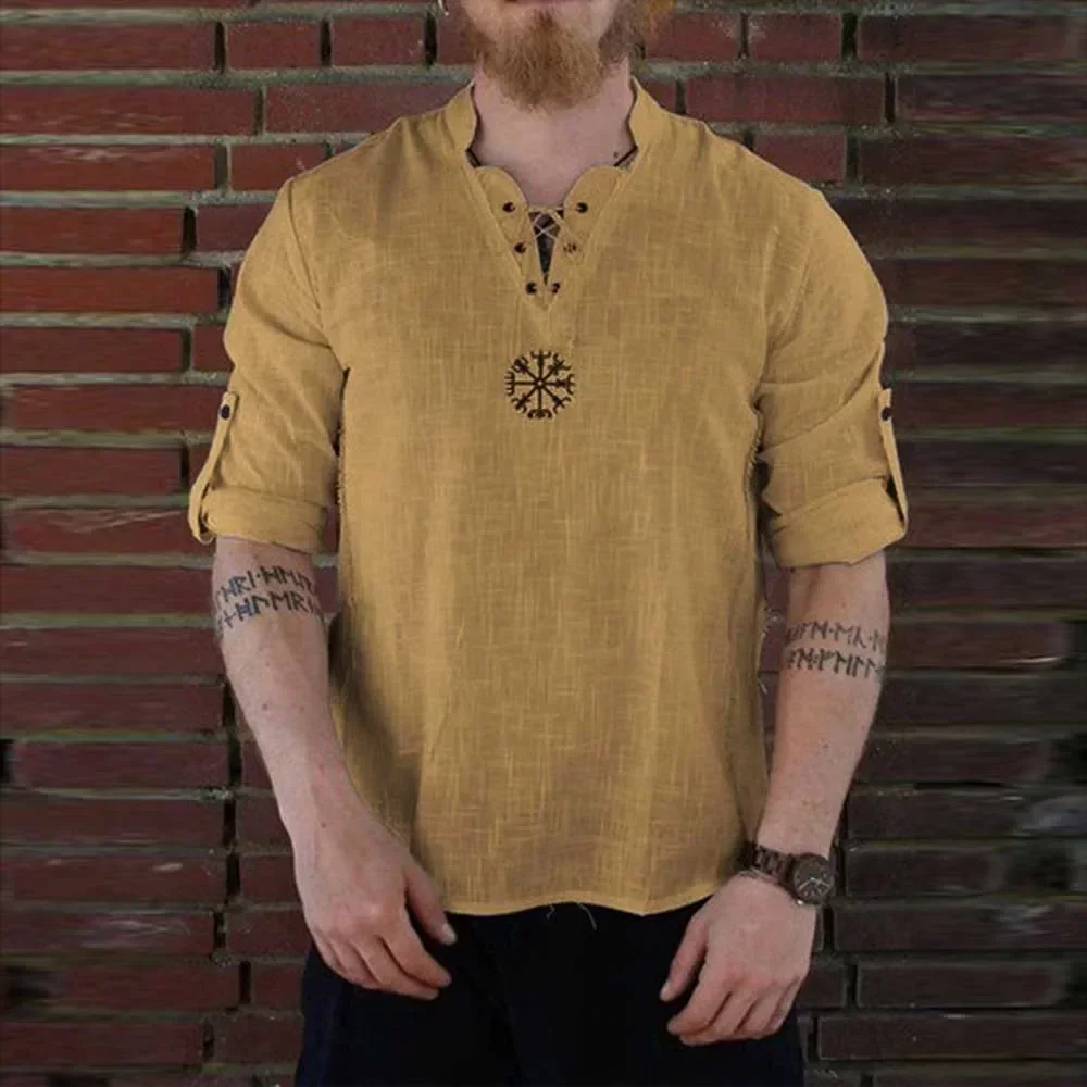 Camiseta de lino pirata Medieval para hombre, camisa de manga larga con cuello de pie bordado, estilo nórdico, con cordones, a la moda