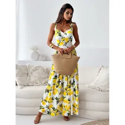 Chic Female High Waist Maxi Dress Summer New Elegant Lemon Printed Holiday Dress 2024 Women Suspender V-neck Long Party Dress