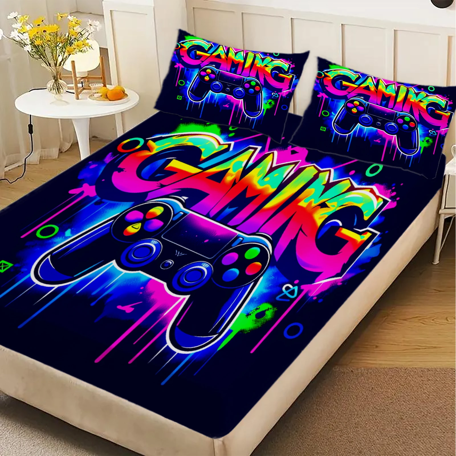 3PCS Neon Graffiti Gaming Controller Fitted Sheet Flat Sheet Set Vibrant Gaming Bed for Teen Boys Queen Size Trendy Room Decor
