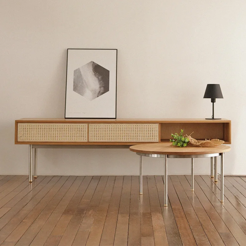 Solid Wood Rattan TV Cabinet Nordic Simple Small Apartment Oak Floor Living Room Multi-functional Rattan