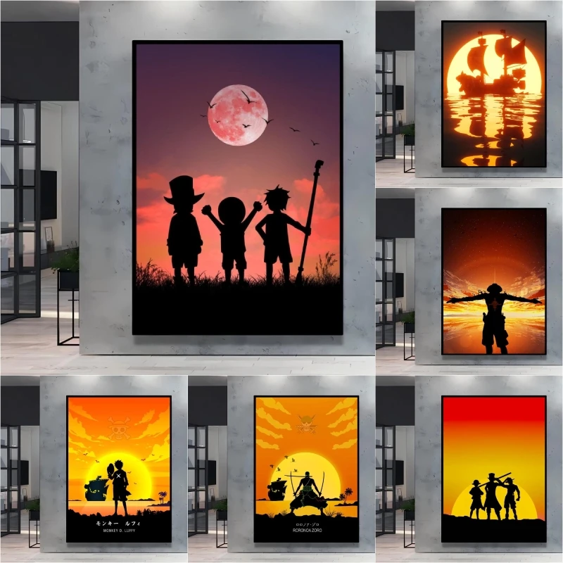 

One Piece Luffy Themed Silhouette Wall Decor with Dreamy Sunset As Backgrounds Adding A Unique Atmosphere To Anime Fans' Rooms