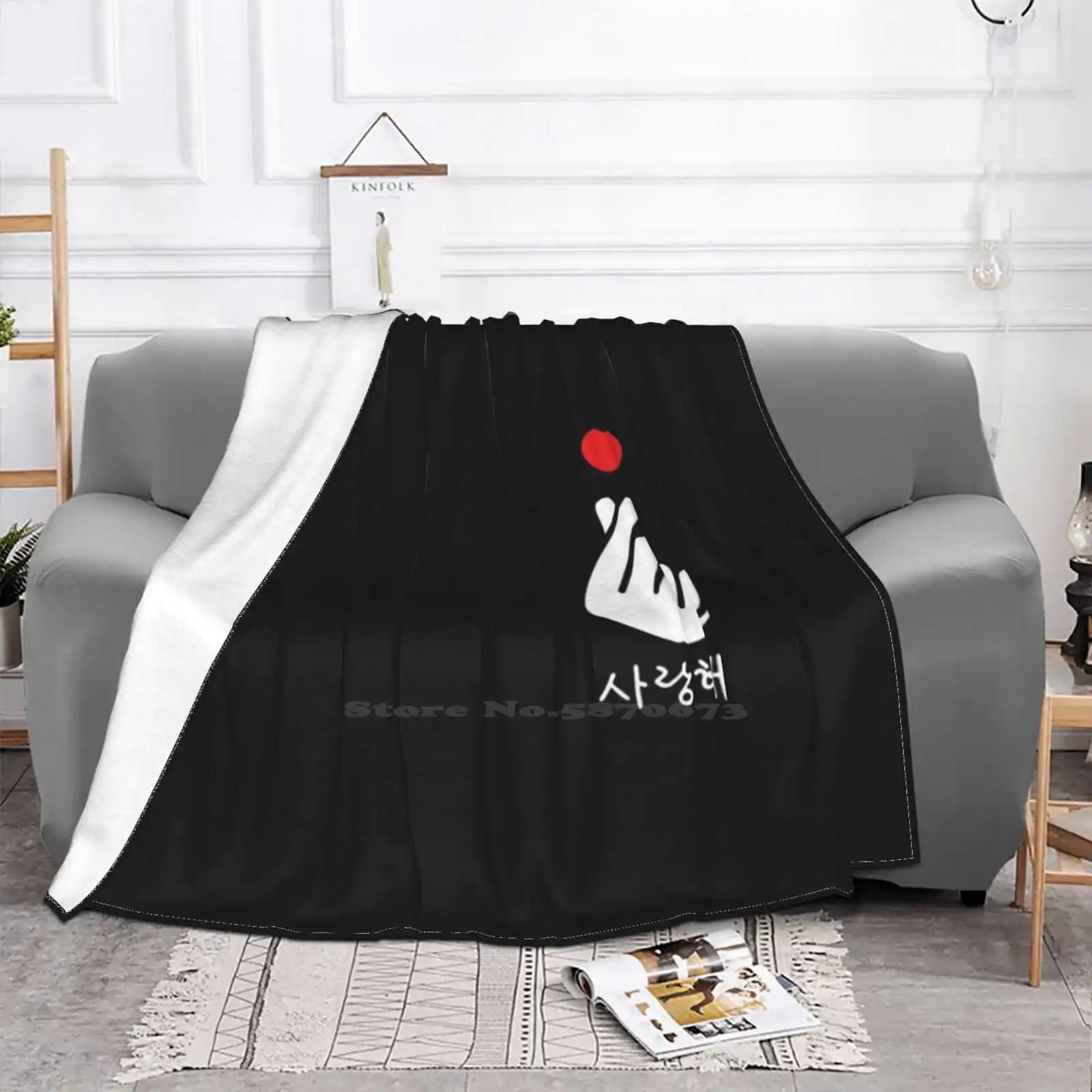 Saranghae K-Pop Finger Heart Pocket Korean Love Hangul Super Warm Soft Blankets Throw On Sofa/Bed/Travel Saranghae Finger Heart