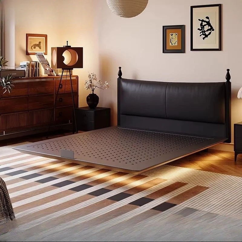Minimalist genuine leather bed, soft-wrapped double master bedroom, large bed, floating bed
