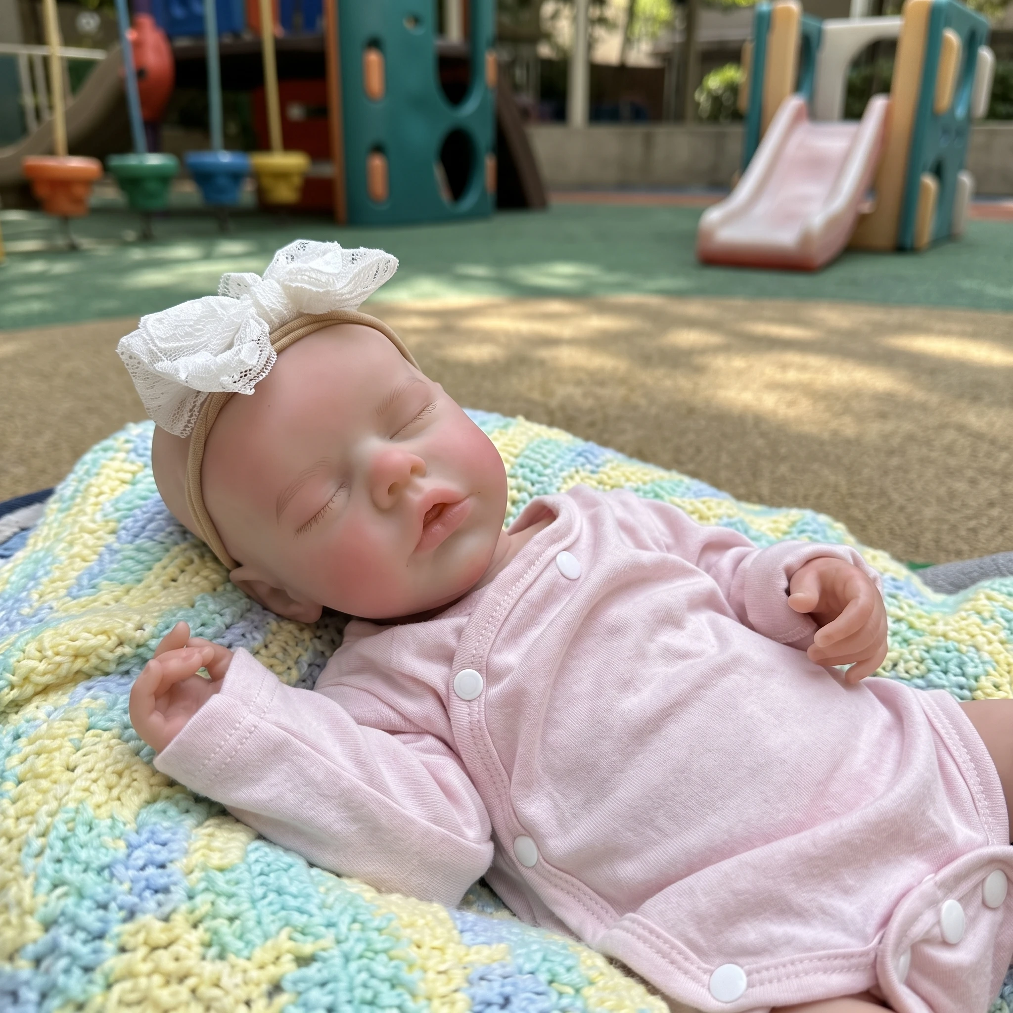 16 Inch Twins B Full Body Silicone Reborn Doll High‑Detail Hand‑Painted, With Pink Romper & White Flower Headband Lifelike Waterproof Collectible Art Ornament for Holiday & Birthday Gifts