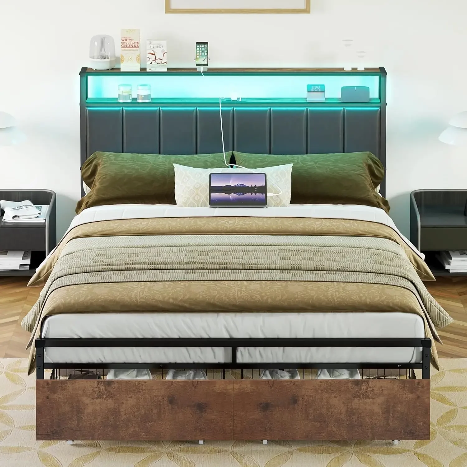 

LED Bed Frame with Drawers, Queen Platform Bed Frame with 2-Tier Storage & Leather Upholstered & Charging Station Headboard