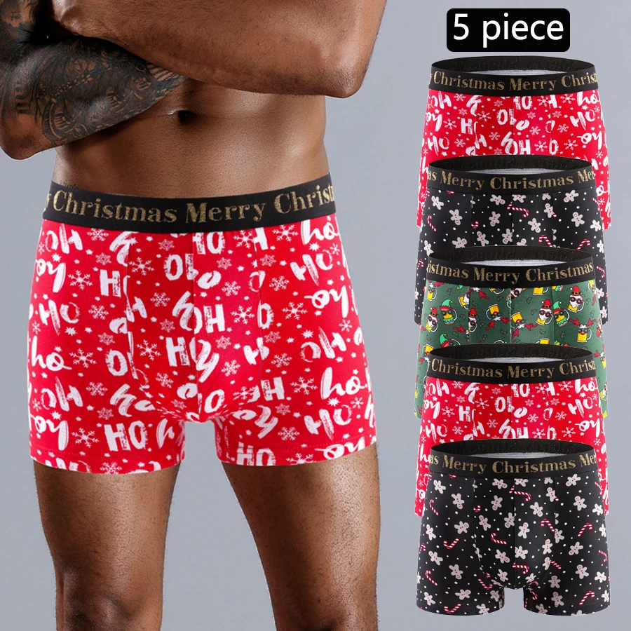 

5pcs Christmas Print Men's Underpants Shorts Letter Waistband Boxer Briefs Brand Men Panties Cotton Underwear Man Boxers Trunks