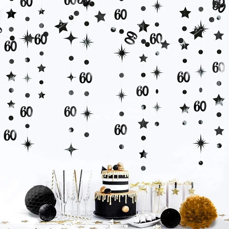 

Black 60th Birthday Decor Number 60 Circle Dot Star Garland Hanging Streamer Bunting Banner Backdrop for Birthday Party Supplies