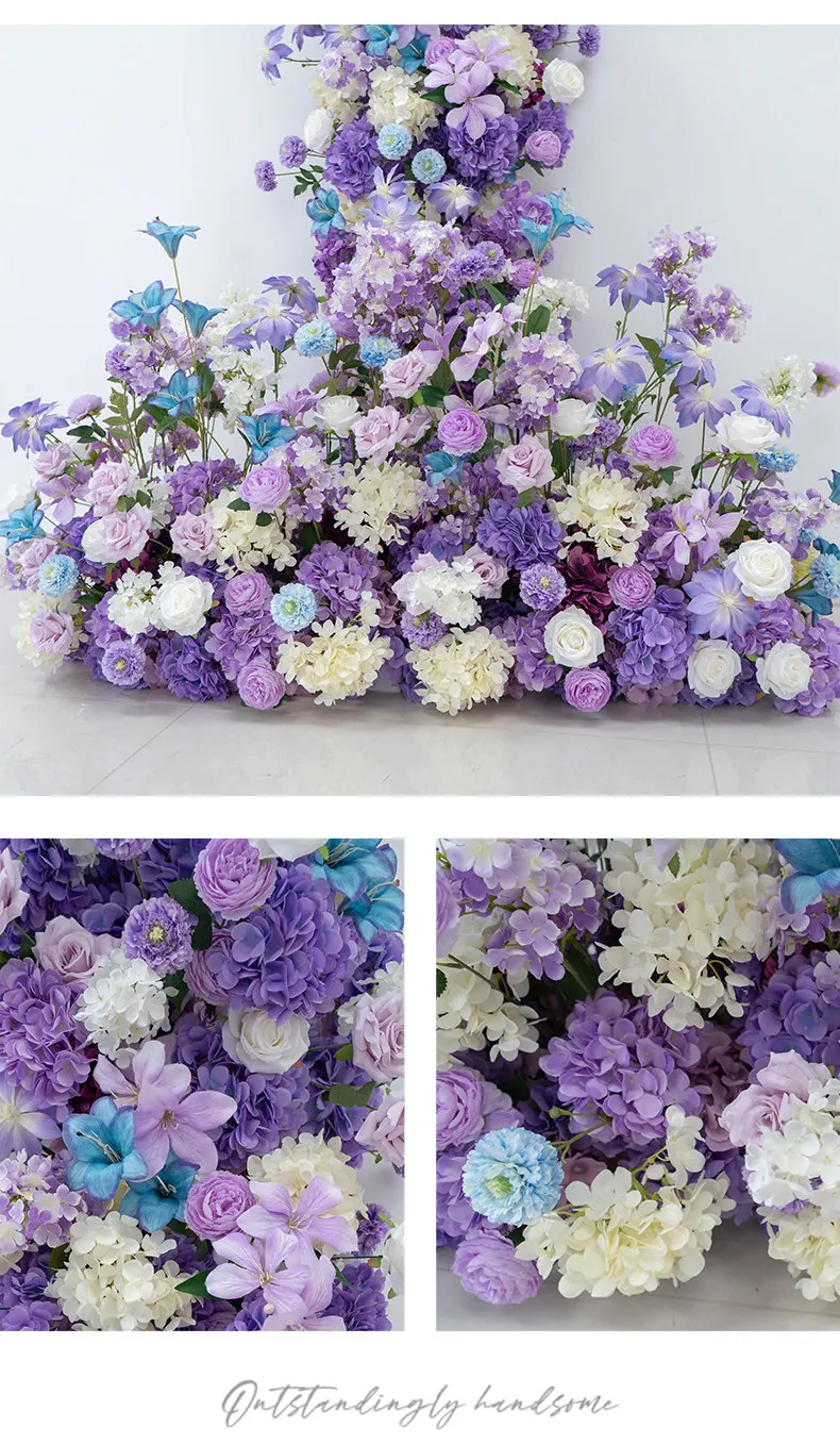 5D Lila Hortensien-Rosen-Blumen Luxus-Hochzeitshintergrund Event-Bühnendekoration Blumenreihe Arrangement Bodenblumen – Detail 6