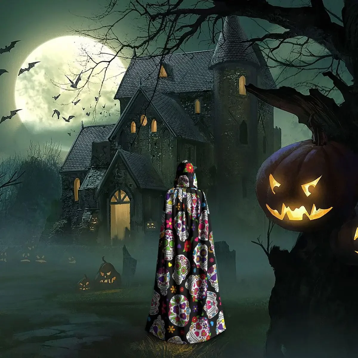 Mexikanischer Totenkopf-Kapuzenumhang, Halloween-Party, Cosplay, Damen, Herren, Erwachsene, lange Hexerei, Robe, Kapuze