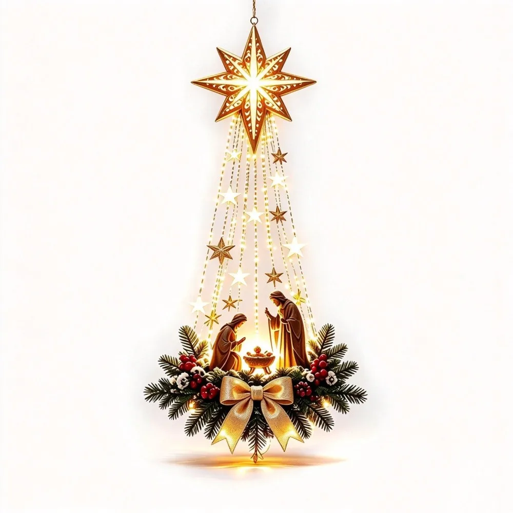 Lighted Nativity Wall Decor Glowing Warm Illuminated Christmas Nativity Scene 2D Acrylic Cascading Star Ornament Bedroom