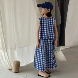 2024 Summer Female Treasure Korean Version Checkered Vest Wide Leg Pants Two-piece Children's Casual Loose Suit