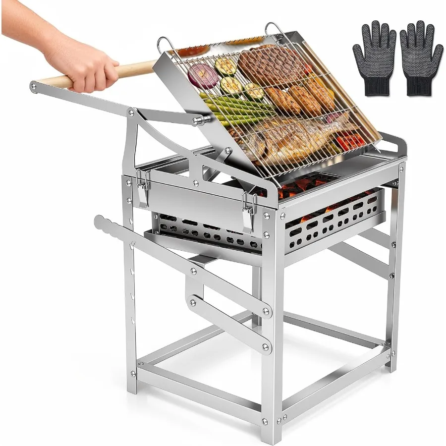 Rotating Barbecue Grill - 180° Flip Grill for BBQ, 5-Layer Adjustable Charcoal Basket, 304 Stainless Steel Mesh, Divided Drawer