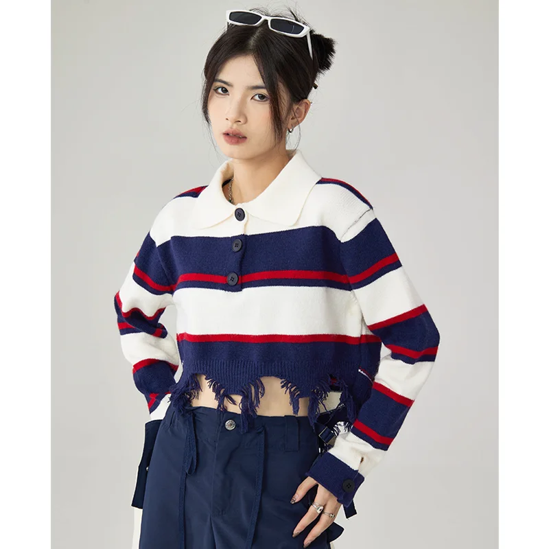 Women Navy Blue Stripe Sweater Short POLO Collar Contrasting Colors Fashion Tassels Leisure Winter Long Sleeves Knitting Tops