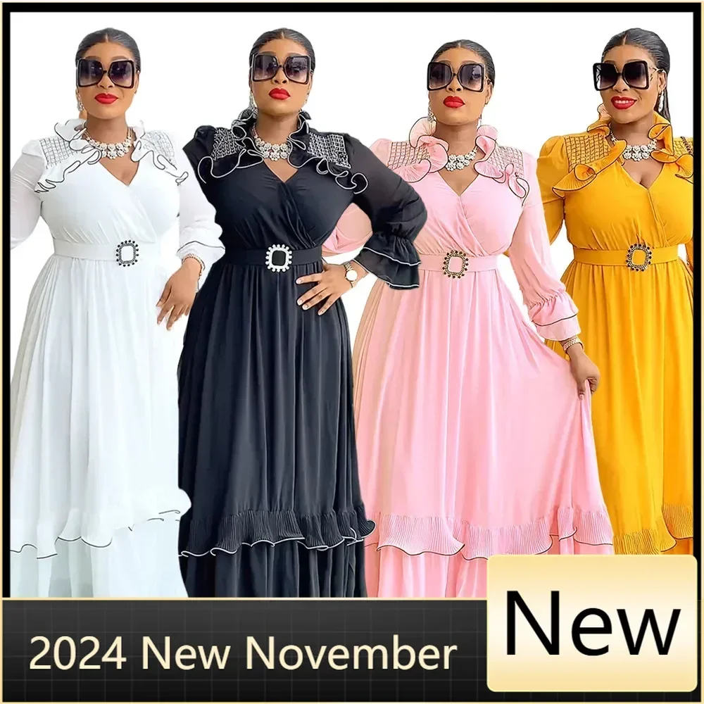 

African Party Evening Wedding Dresses for Women 2025 Summer V-neck Polyester 3/4 Sleeve Long Maxi Dress Gowns Africa Clothing