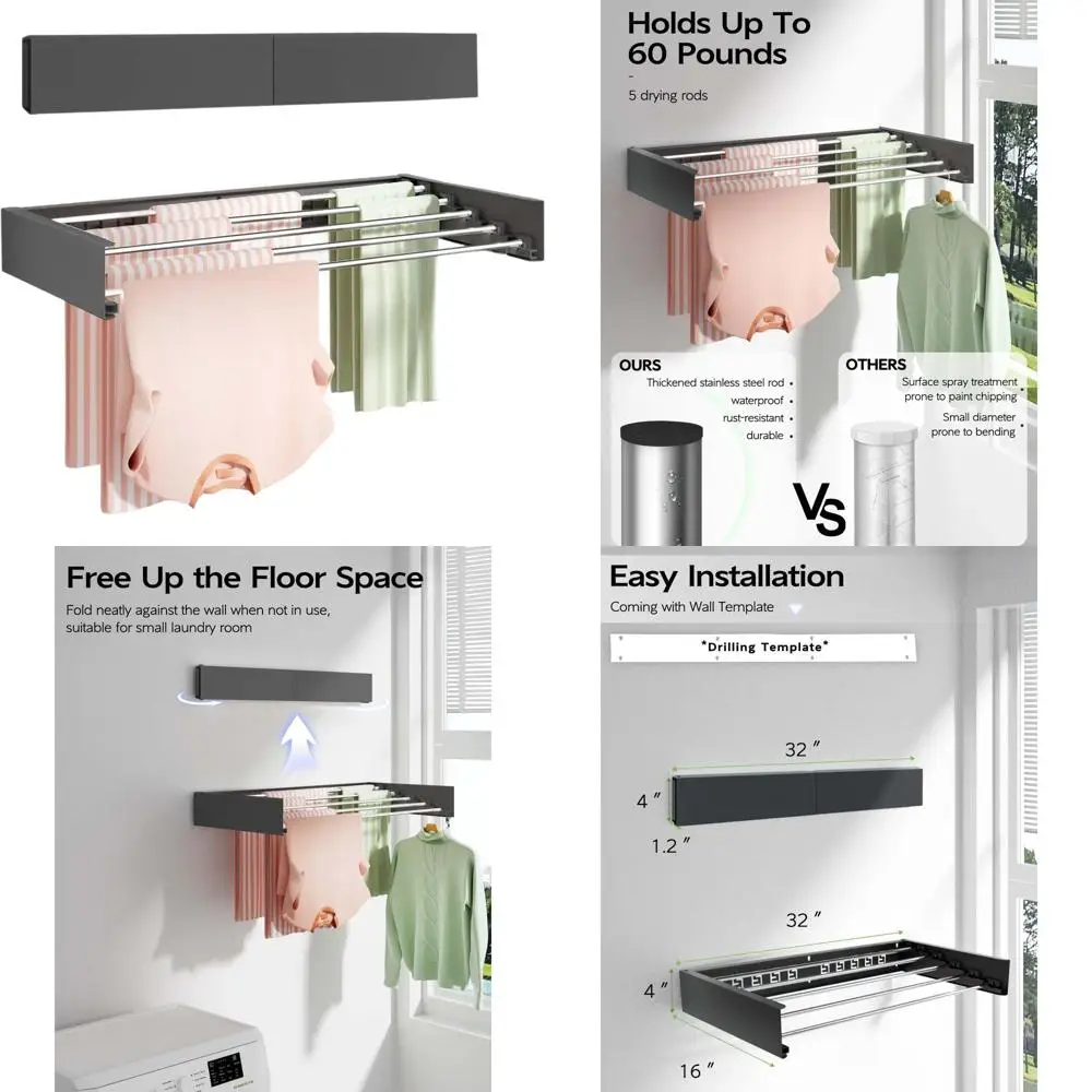 

Складная настенная сушилка для белья 32, компактная, 5 стержней, черная