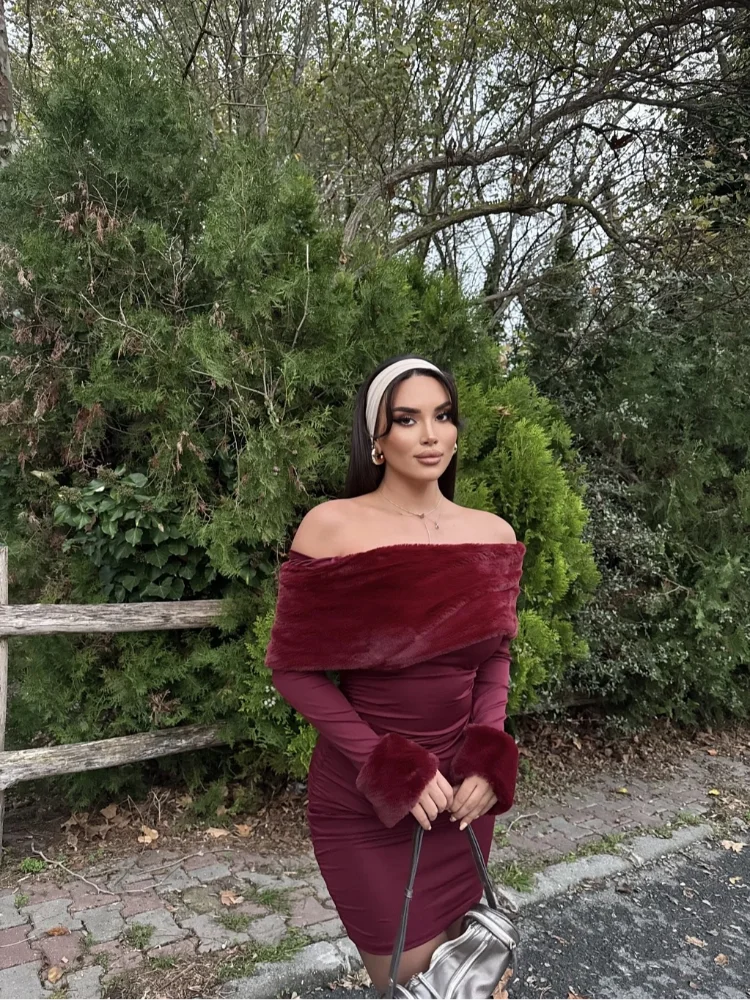 فستان قصير أنيق بكتف واحد مُزين بقطع الفراء بلون واحد للنساء فساتين بخصر كامل وأكمام طويلة للسيدات للحفلات المسائية #6