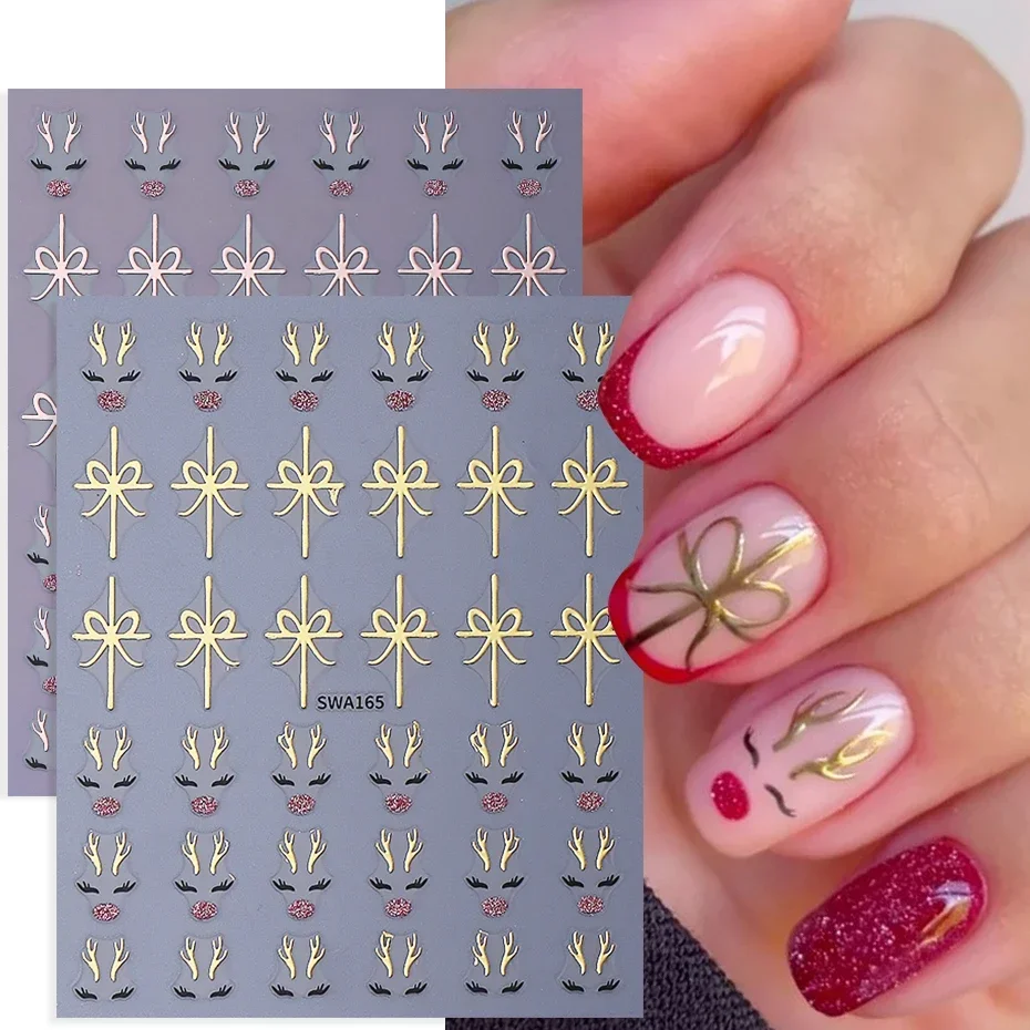 2 stücke Glitter Weihnachten Nail art Aufkleber 3D Elch Schneeflocke Geweih Bogen Nagel Aufkleber DIY Selbst-Kleber Slider winter Maniküre Dekor