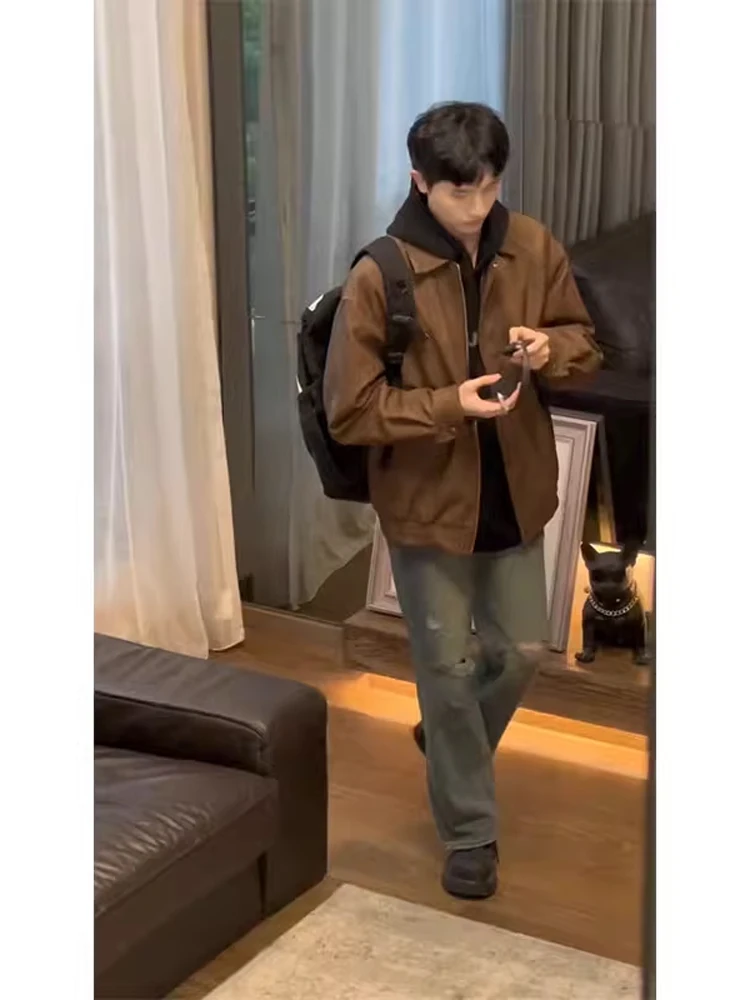 

Американская коричневая кожаная куртка для мальчиков, весенне-осенняя, винтажная, в мотоциклетном стиле, верхняя одежда, приталенная, с декоративной молнией