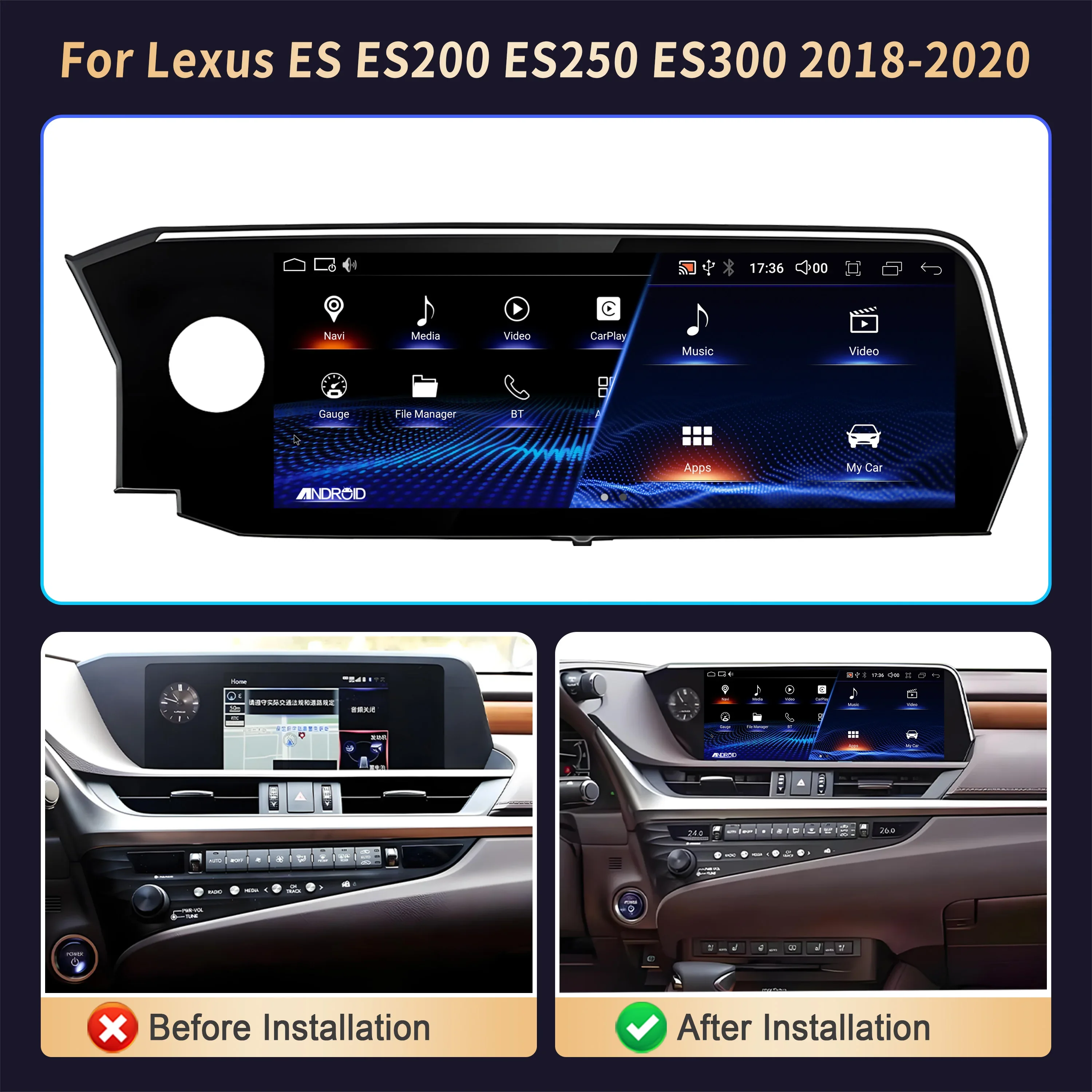 12.3inch For Lexus ES ES200 ES250 ES300 2018-2020 Android 14 Car Radio Multimedia BT Carplay Snapdragon 668S Head Unit Screen