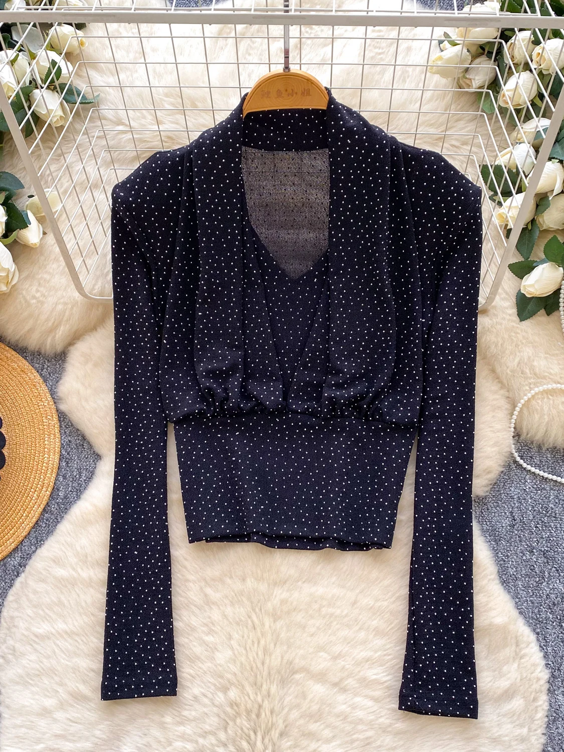 بلوزة iny مطوية بالترتر طويلة Sve V-Ne قاعدة irt التألق للتنقل Sle الكورية Faion سليم صالح ملابس يومية #2