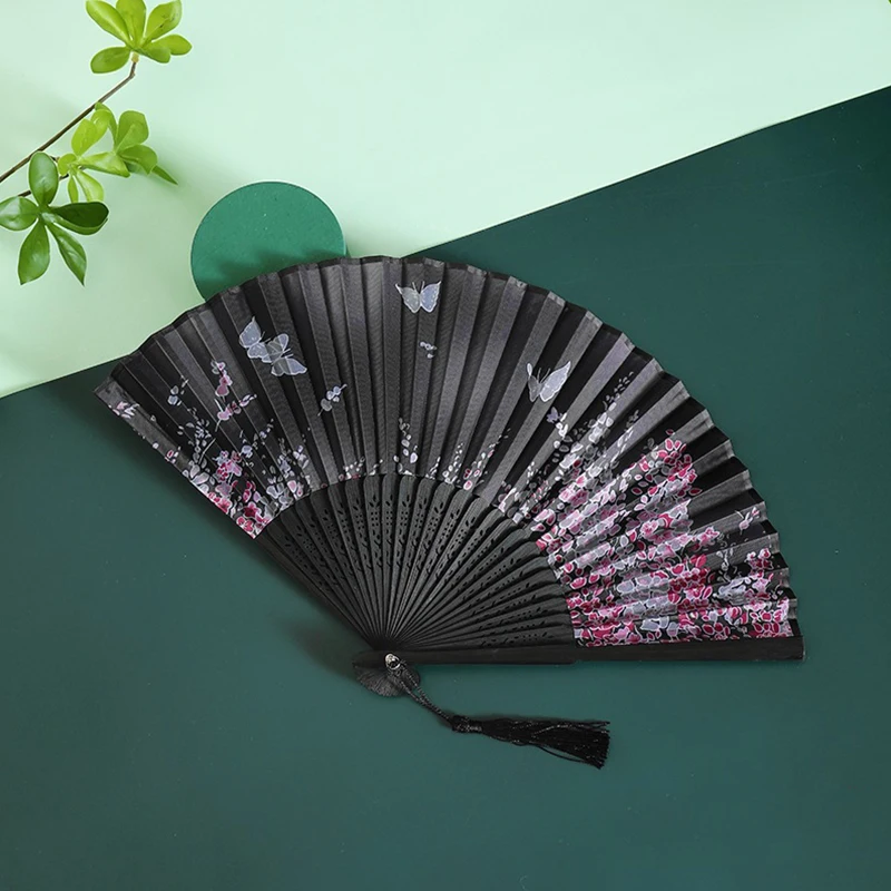 Chinese Style Silk Folding Fan Bamboo Shank Classical Dance Props Fan Tassel Elegent Female Handheld Fan Home Decoration