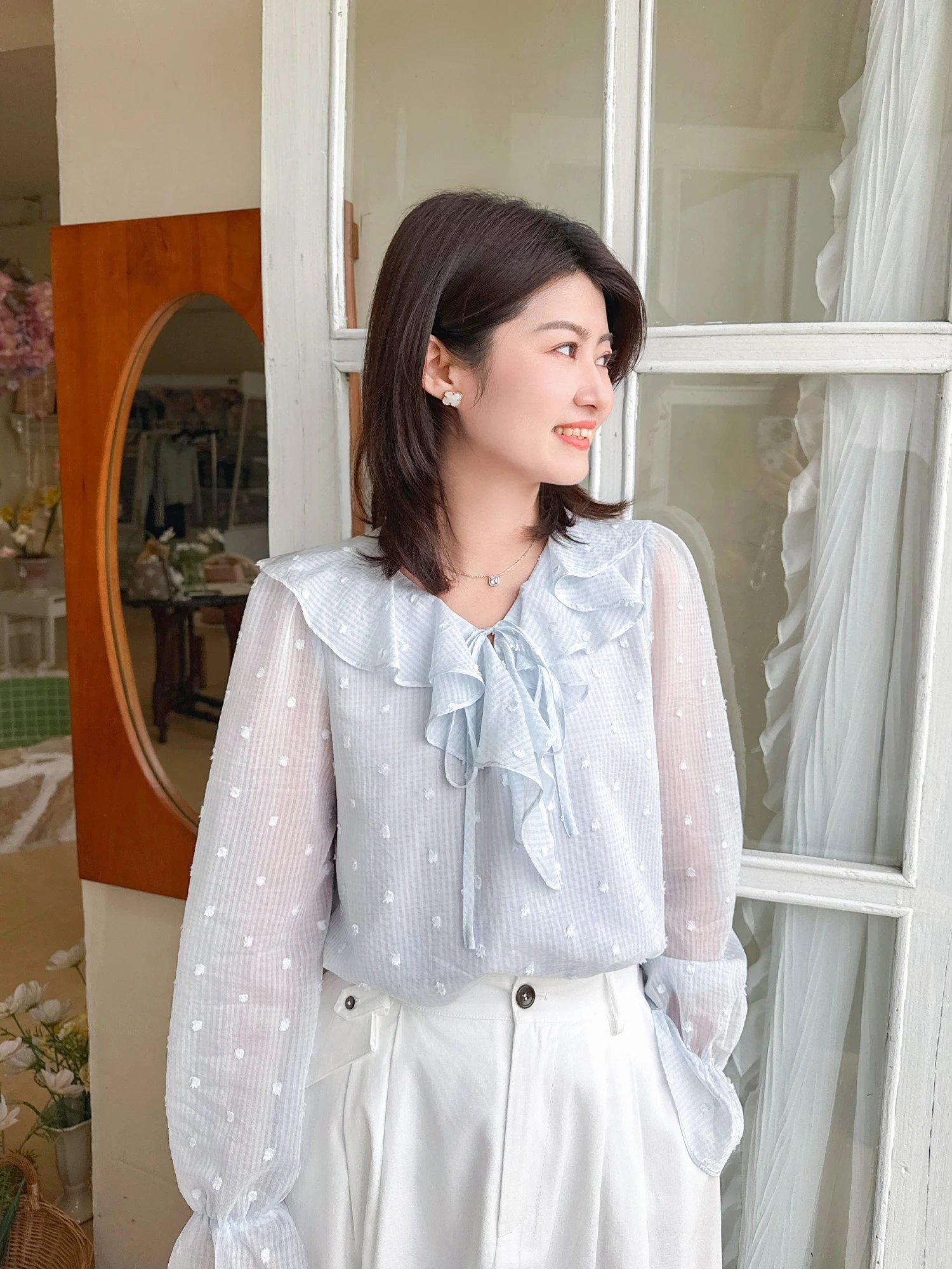 

Zillal Purple Lace Polka Dot Chiffon Shirt Women's Design Sensation Small Audience Lotus Leaf Shirt Top Breathable Skin-...