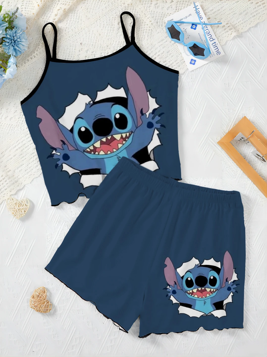 Top Summer Women's Suit T-shirt Home Dress Short Sets Disney Pajama Skirt Lettuce Trim Stitch Pieces Piece Outfit Elegant Disney