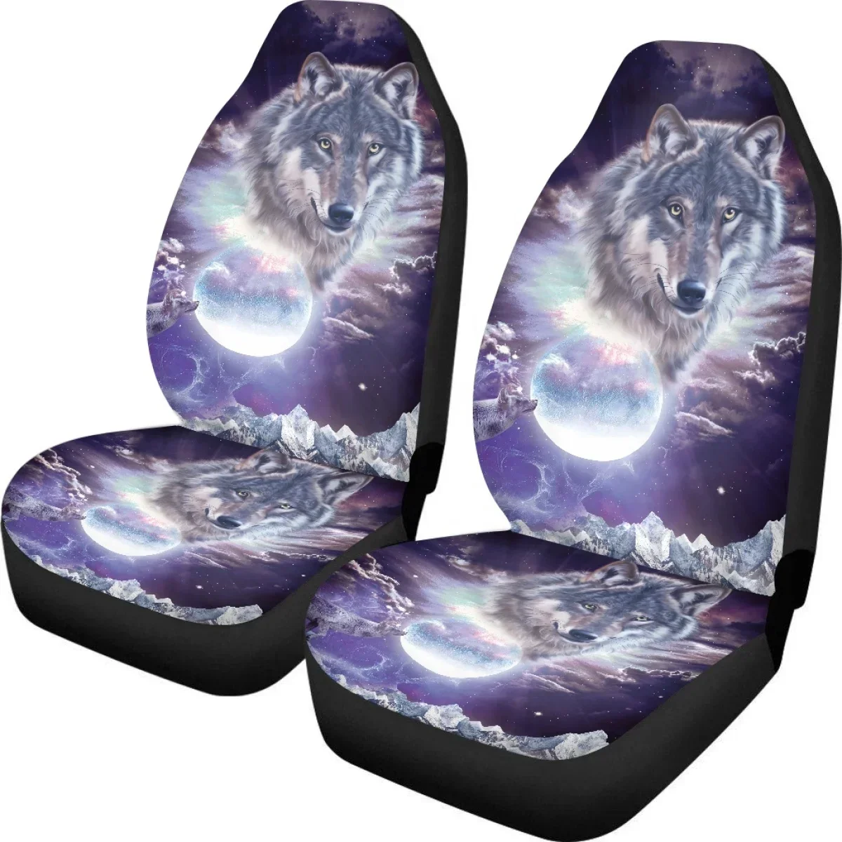 INSTANTARTS Cool 3D Wolf and Moonlight Print Vehicle Front Seat Covers Decor 2Pcs/Set Durable Car Seat Protector for SUV Sedan