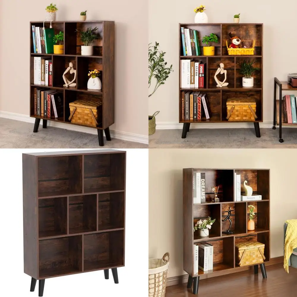 

Деревянный книжный шкаф-стеллаж в деревенском стиле, коричневый, 3-ярусный, на ножках, винтажный органайзер для хранения книг и декора, подходит для спальни, гостиной
