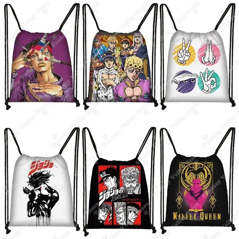 Anime Jojo Bizarre Adventure Print Backpacks Kujo Kira Yoshikage Joestar Killer Queen Drawstring Bag Harajuku Storage Bags Gift