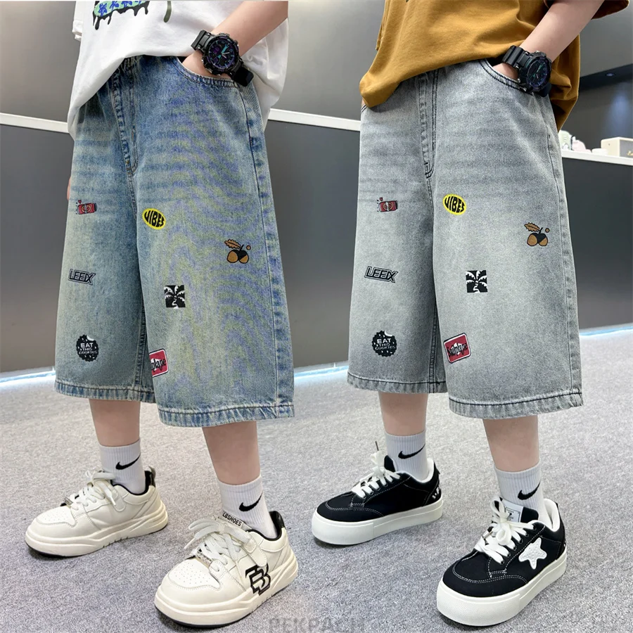 

New Summer Tweens Boy Casual Denim Shorts with Print Kids Child Fashion Knee Length Jeans Shorts Age 5 6 7 8 9 10 11 12 13 14 Y