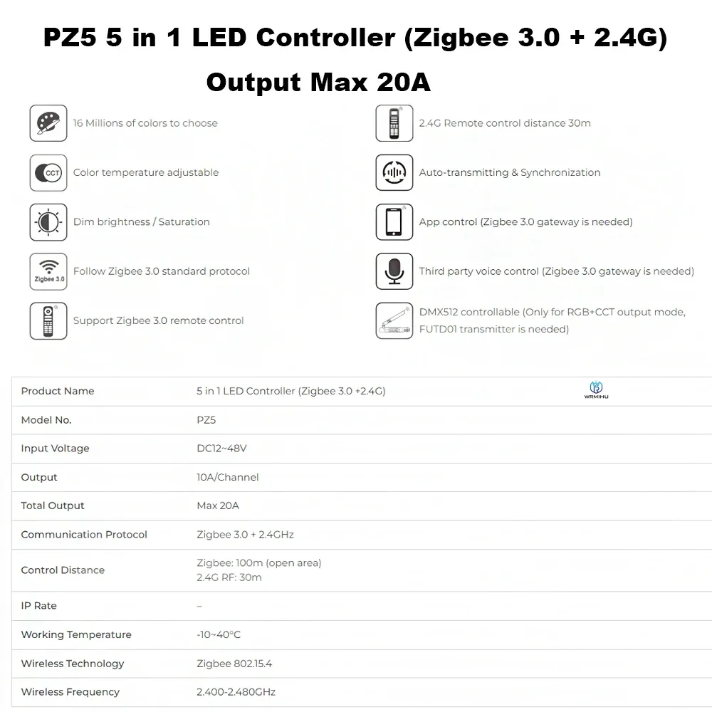 Zigbee-Contrôleur LED pour document unique, bande LED, PZ2, 2 en 1, PZ5, 5 en 1 Max, 20A, ATA Boxer, 3.0 + 2.4G RF, blanc, RVB, RGBW, RVB + CCT, touristes