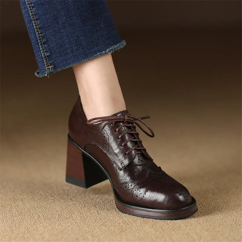 New Spring Genuine Leather Women Shoes Round Toe Women Pumps Brogue Designs Shoes for Women High Heel Lace Loafers Ladies Shoes