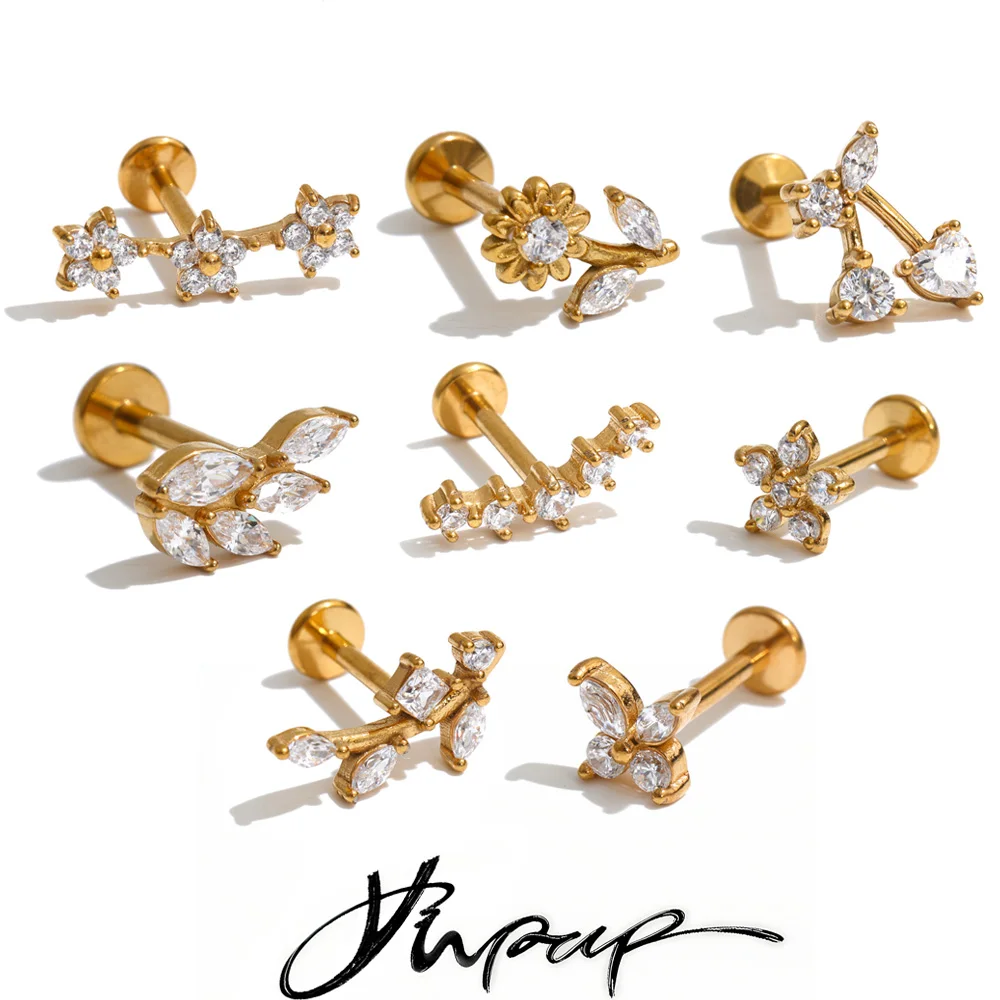Yhpup 1 Stück 316 Edelstahl Kubisches Zirkonia Blatt-Blumen-Ohrringe Knorpel-Helix-Conch-Innengewinde-Piercing-Schmuck