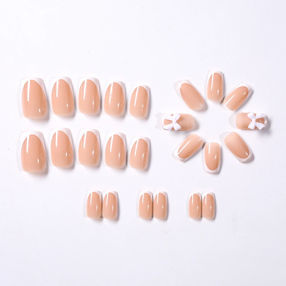 24Pcs Fashion White French Fake Nails with White Bow Design Short Square Head False Nails Wearable Simple Press on Nail Tips