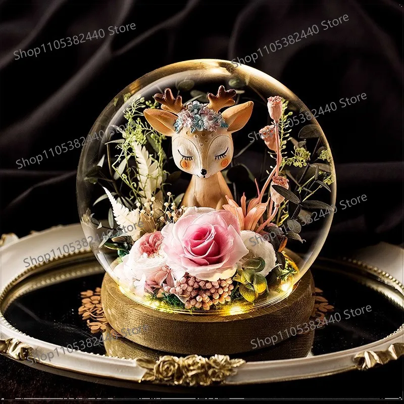 Preserved Rose in Glass Dome Gift Box, Real Eternal Flower Tabletop Ornament, Valentine's Day Birthday Gift for Her