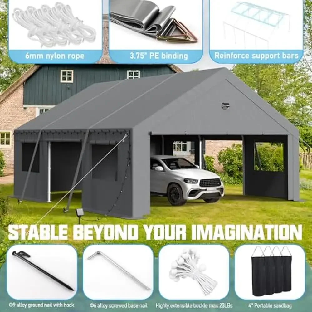 Portable 2 Car Carport Garage Canopy Kit with Roll Up Doors Windows & Sidewall Accessory Pack