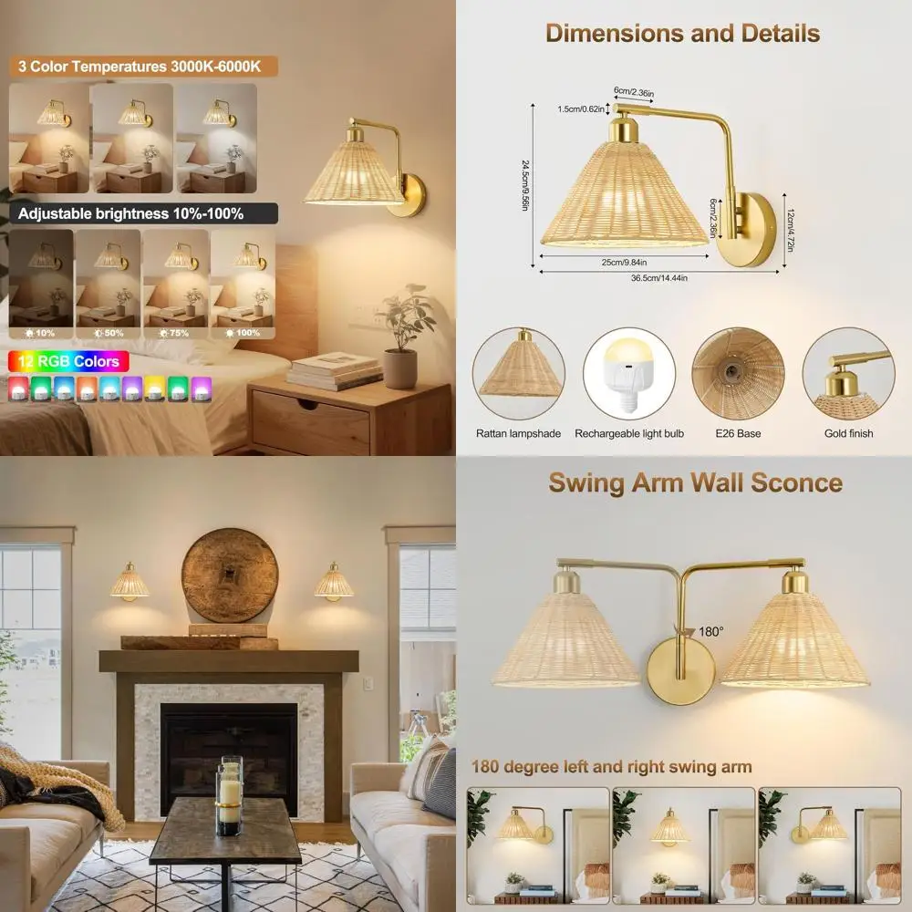 

Gold Battery-Powered Rattan Wall Sconces Set, Remote-Controlled Boho Swing Arm Lights for Bedrooms, Living Rooms, and Hallways