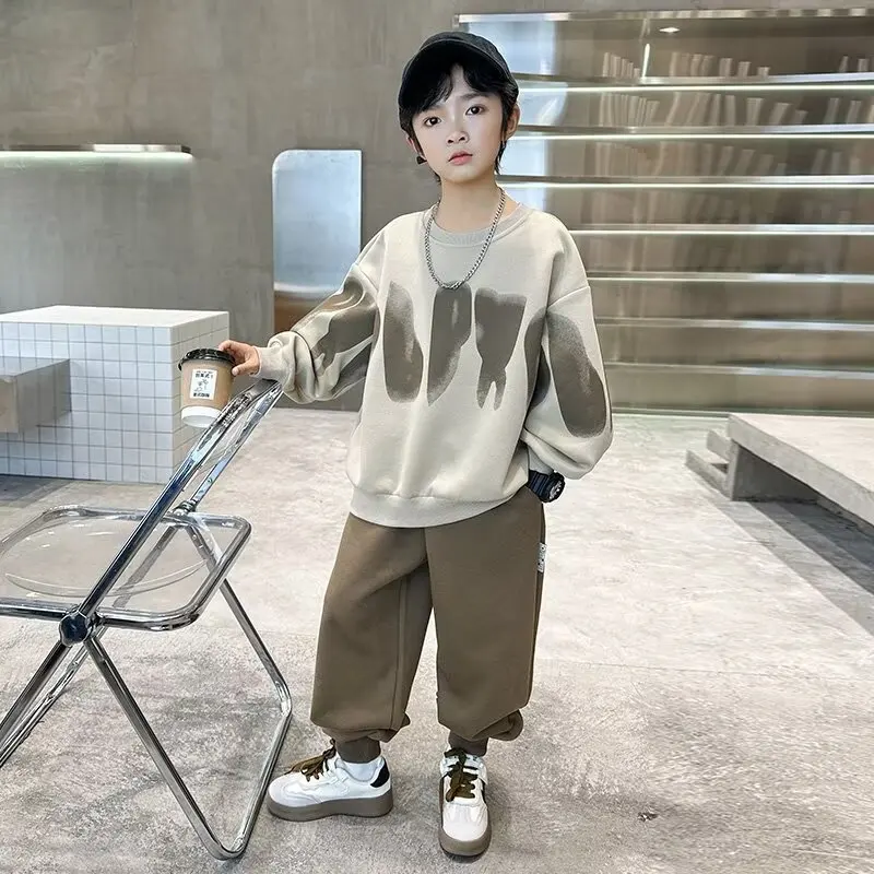 2026 Winter Autumn Boys Clothes Set Cotton Loose Sweatshirt Hooded + Pants Tracksuits Kids Suit Children 4 8 9 10 11 12 14 Year