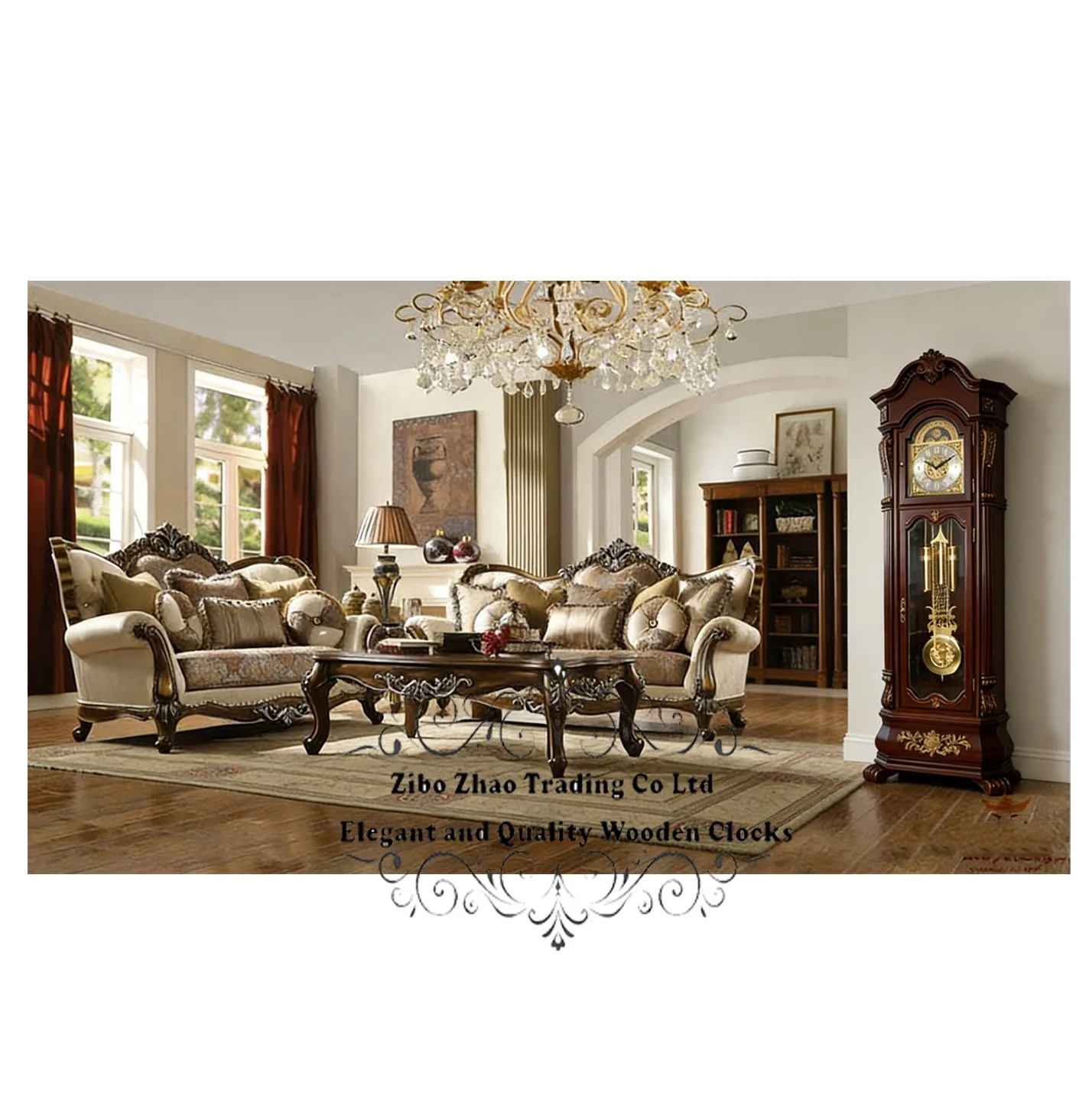 Carved Shell Leaf Design Arched Pediment Decorative Overlays Canted Corners Grandfather Floor Wood Clock Zhao's Shandong French