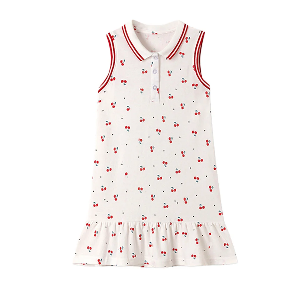 Niedliches Kirschmuster Ärmelloses Kleid mit Kragen für Mädchen Sommer Baby Geburtstag Party Mode Kleidung Kinder Kleider